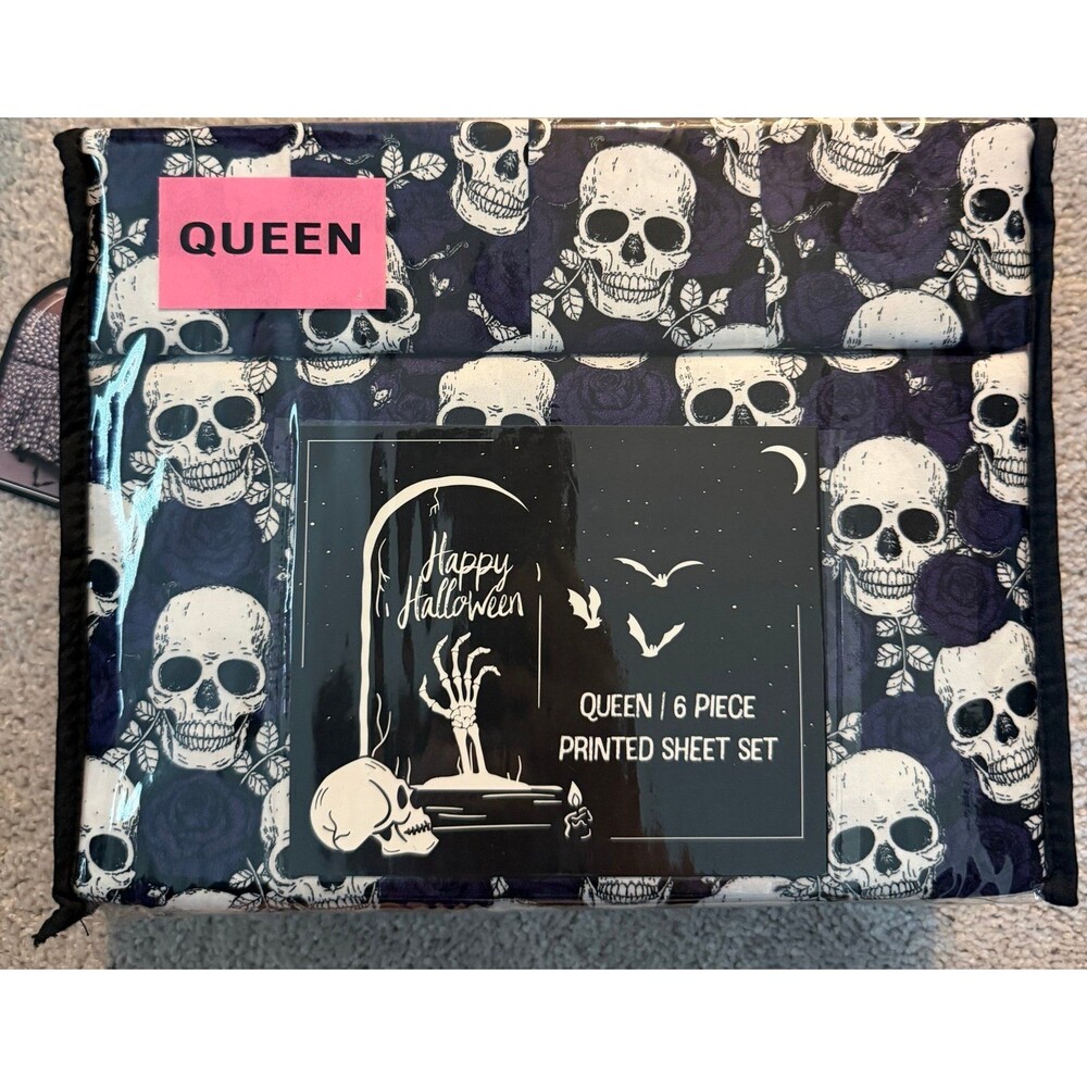 NEW Halloween Goth Style Queen 6pc Sheet Set Skulls Purple Roses Sheets